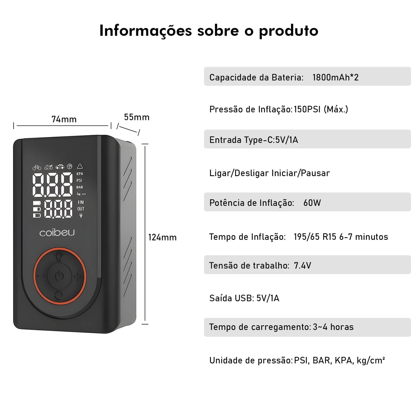 Bomba de Ar Portátil Sem Fio 60W, Bateria Recarregável 3600mAh, 150PSI, 5 Modos, LED/SOS, Type-C, Automática para Carro/Moto