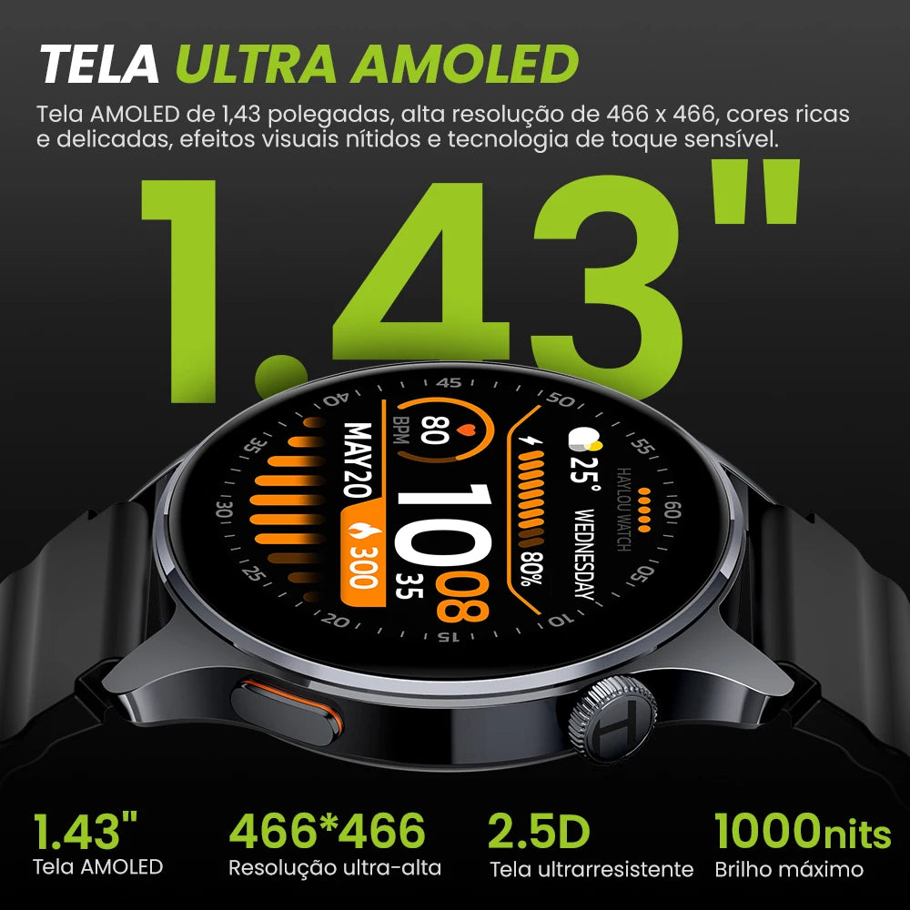 Relógio HAYLOU 4S GPS Smartwatch com Tela HD AMOLED de 1.43”, Posicionamento GPS por 5 Satélites, 120+ Modos de Treino, Relógio Inteligente para Fitness