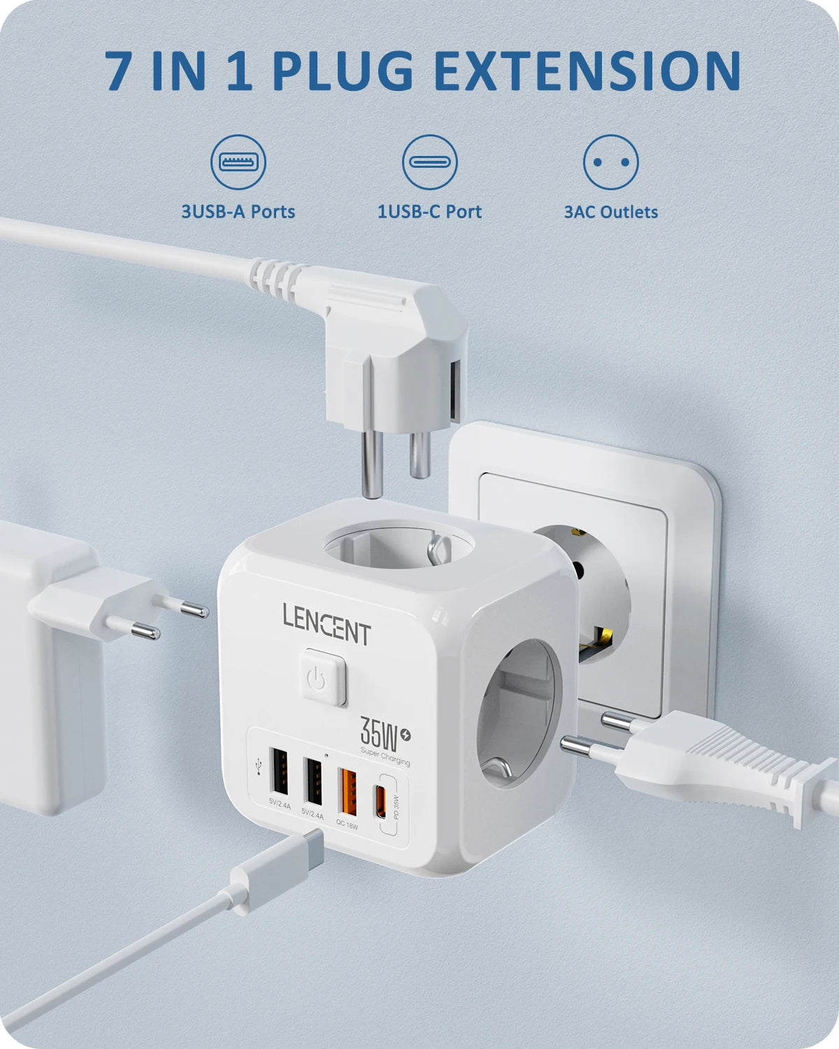 LENCENT Extensor de Tomada de Parede com 3 Tomadas AC 3 Portas USB E 1 Tipo C 7-em 1 EU Plug Charger On/Off Switch para Casa