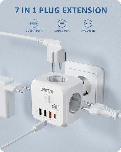 LENCENT Extensor de Tomada de Parede com 3 Tomadas AC 3 Portas USB E 1 Tipo C 7-em 1 EU Plug Charger On/Off Switch para Casa