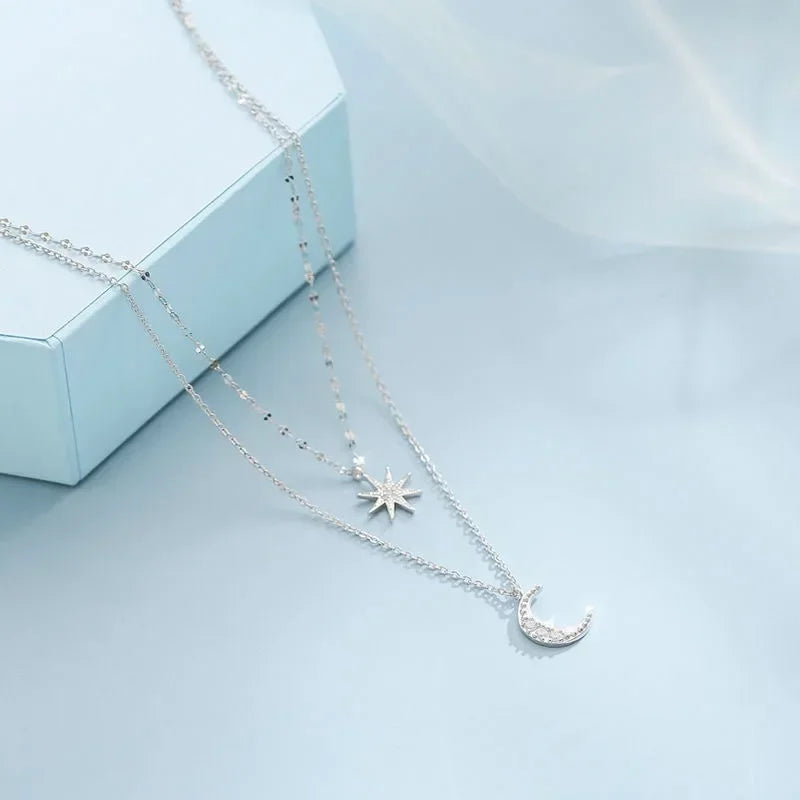 925 colar de prata para mulheres dupla camada zircão estrela lua pingente colar delicado corrente charme elegante moda jóias presentes