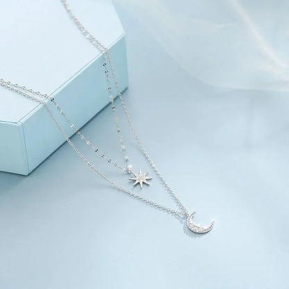 925 colar de prata para mulheres dupla camada zircão estrela lua pingente colar delicado corrente charme elegante moda jóias presentes