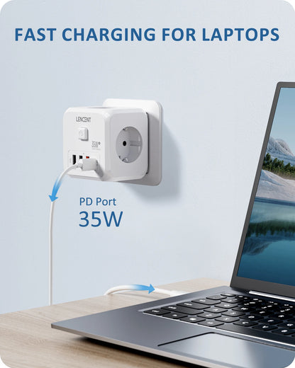 LENCENT Extensor de Tomada de Parede com 3 Tomadas AC 3 Portas USB E 1 Tipo C 7-em 1 EU Plug Charger On/Off Switch para Casa