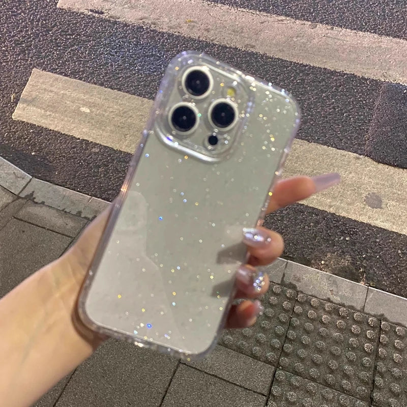 Capa de telefone transparente com glitter macio, para iphone 11 12 13 14 15 16 17 pro max plus air, à prova de choque, silicone transparente