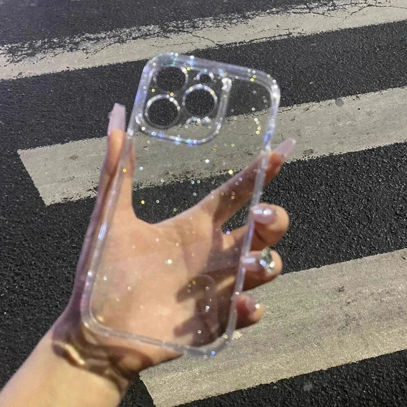 Capa de telefone transparente com glitter macio, para iphone 11 12 13 14 15 16 17 pro max plus air, à prova de choque, silicone transparente