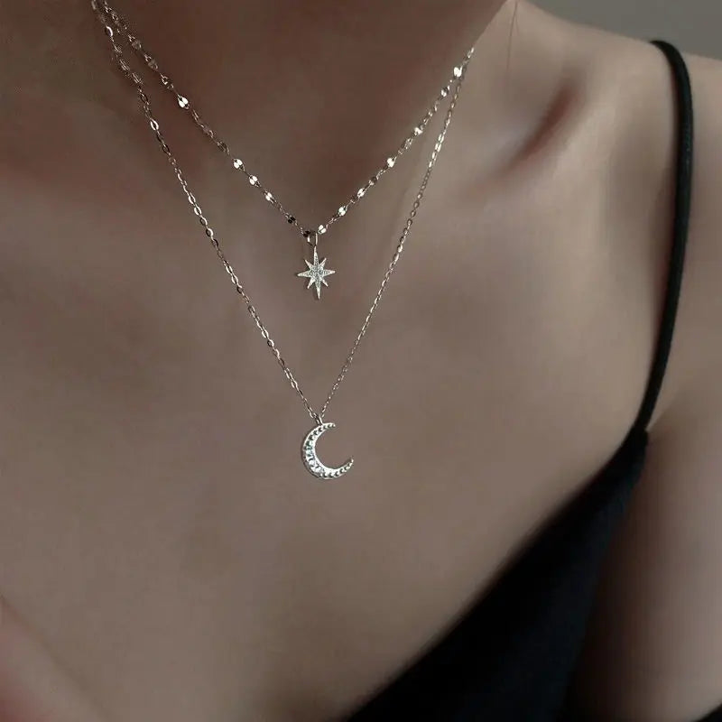 925 colar de prata para mulheres dupla camada zircão estrela lua pingente colar delicado corrente charme elegante moda jóias presentes