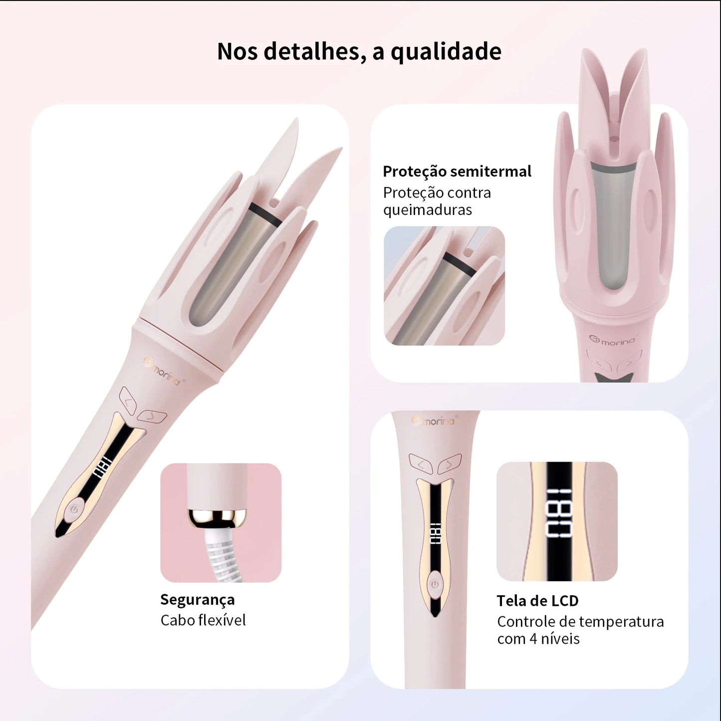 Modelador de Cabelo Automático Rosa 3 Temperaturas (160°C-200°C), Revestimento Cerâmico, Aquecimento Rápido, Cachos em Minutos