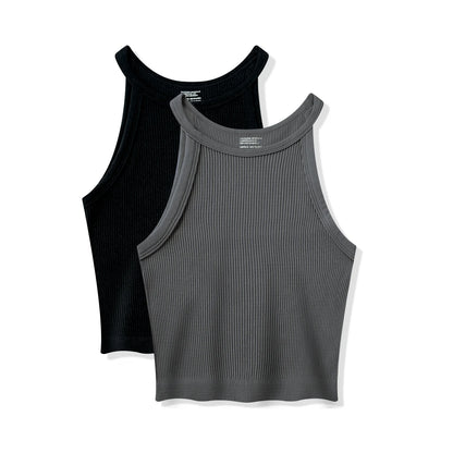 Regata feminina de tricô canelado，Top ajustado sem mangas com ombros à mostra，Roupas de verão，Cropped Canelado