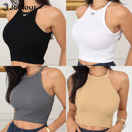 3 Peças，Cropped canelado，Regata de gola alta sexy，Top curto justo sem mangas，Regata de tricô casual de verão