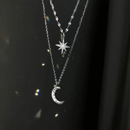 925 colar de prata para mulheres dupla camada zircão estrela lua pingente colar delicado corrente charme elegante moda jóias presentes