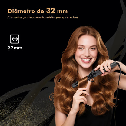 Modelador de Cabelo 32mm com Display LCD, Preto e Dourado, 5 Temperaturas (140°C-220°C), Revestimento Cerâmico, Bivolt 110-220V