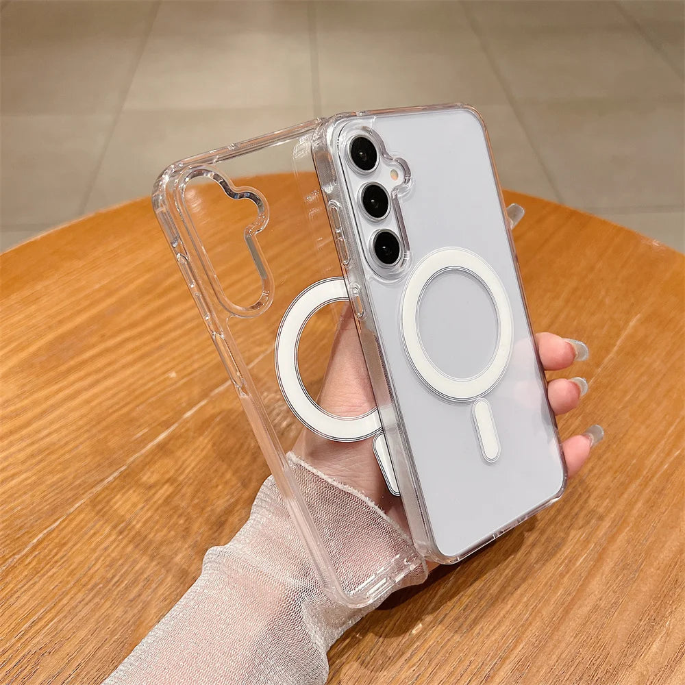 Moda clara magnética magsafe caso de carga sem fio para samsung galaxy s25 s24 s23 s22 s21 s20 plus fe ultra casos anti-queda