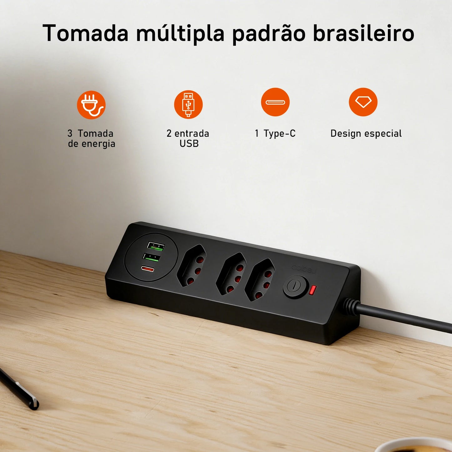 Tomada Múltipla Padrão Brasileiro 3 Tomadas + 2USB + Type-C， Extensão Elétrica， Filtro de Linha， Extensão Tomada， Coibeu