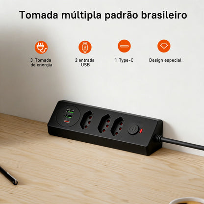 Tomada Múltipla Padrão Brasileiro 3 Tomadas + 2USB + Type-C， Extensão Elétrica， Filtro de Linha， Extensão Tomada， Coibeu