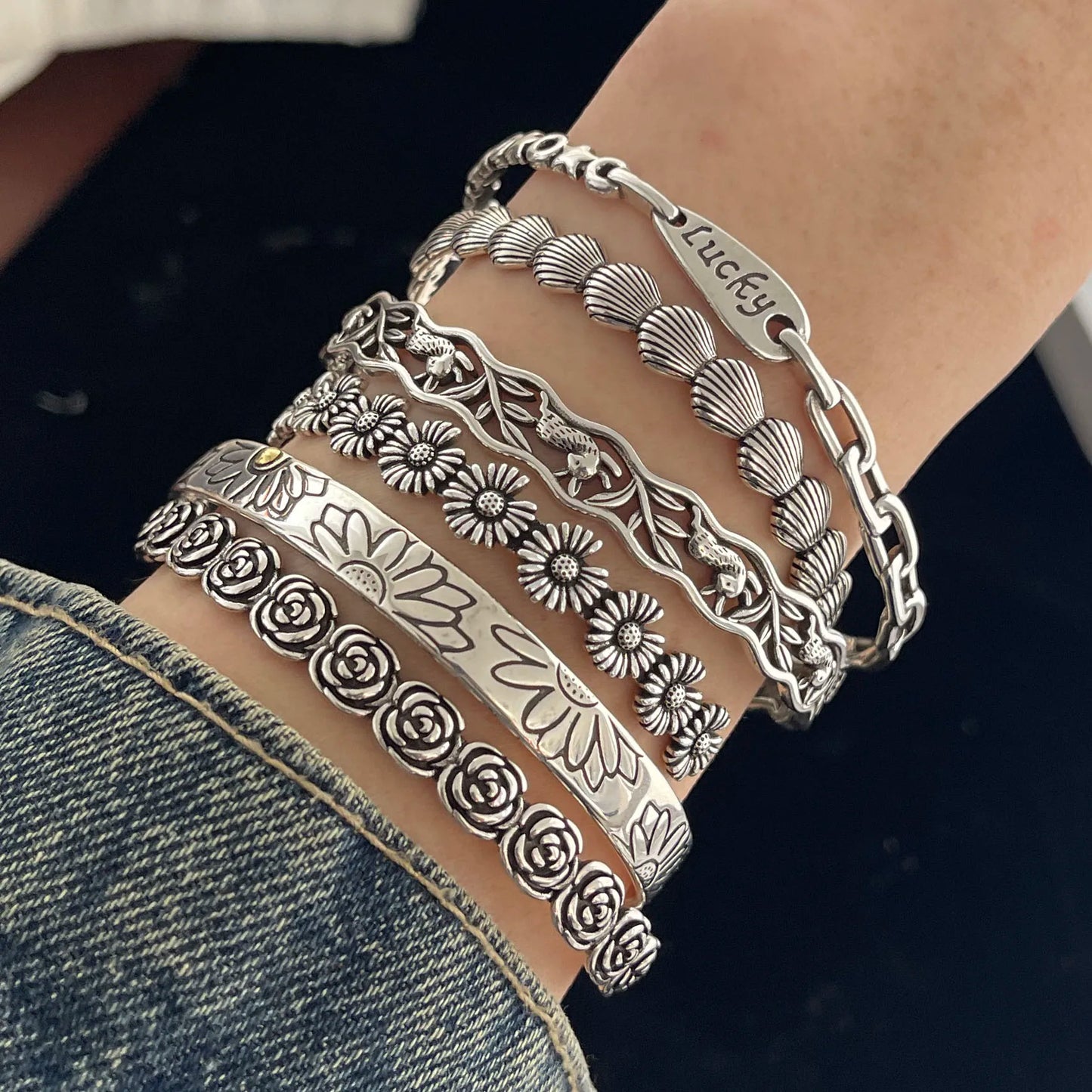 100% sólido 925 prata esterlina retro pulseira para mulheres homens vintage artesanal flor patern pulseira presente de aniversário