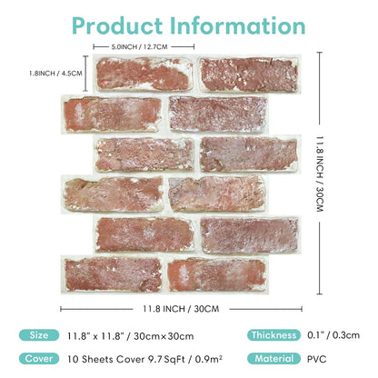 10 painéis de parede 3D descascam e colar, adesivos de parede de tijolo 3D, azulejo adesivo backsplash cozinha, decoração de banheiro