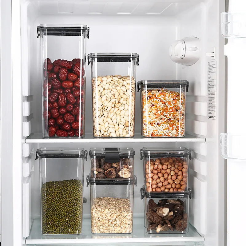 Frasco de armazenamento de alimentos selado transparente Organizador de cozinha de plástico Tanque Multigrain Frascos selados secos empilháveis Conjunto de 5pcs