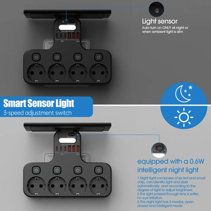 4000w ue plug power strip tomada multifuncional inteligente luz noturna interruptor independente tomada padrão europeu com portas usb c