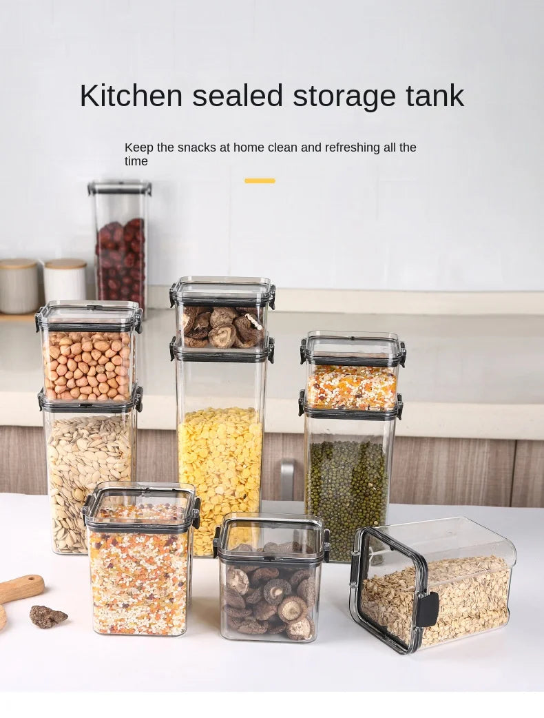 Frasco de armazenamento de alimentos selado transparente Organizador de cozinha de plástico Tanque Multigrain Frascos selados secos empilháveis Conjunto de 5pcs
