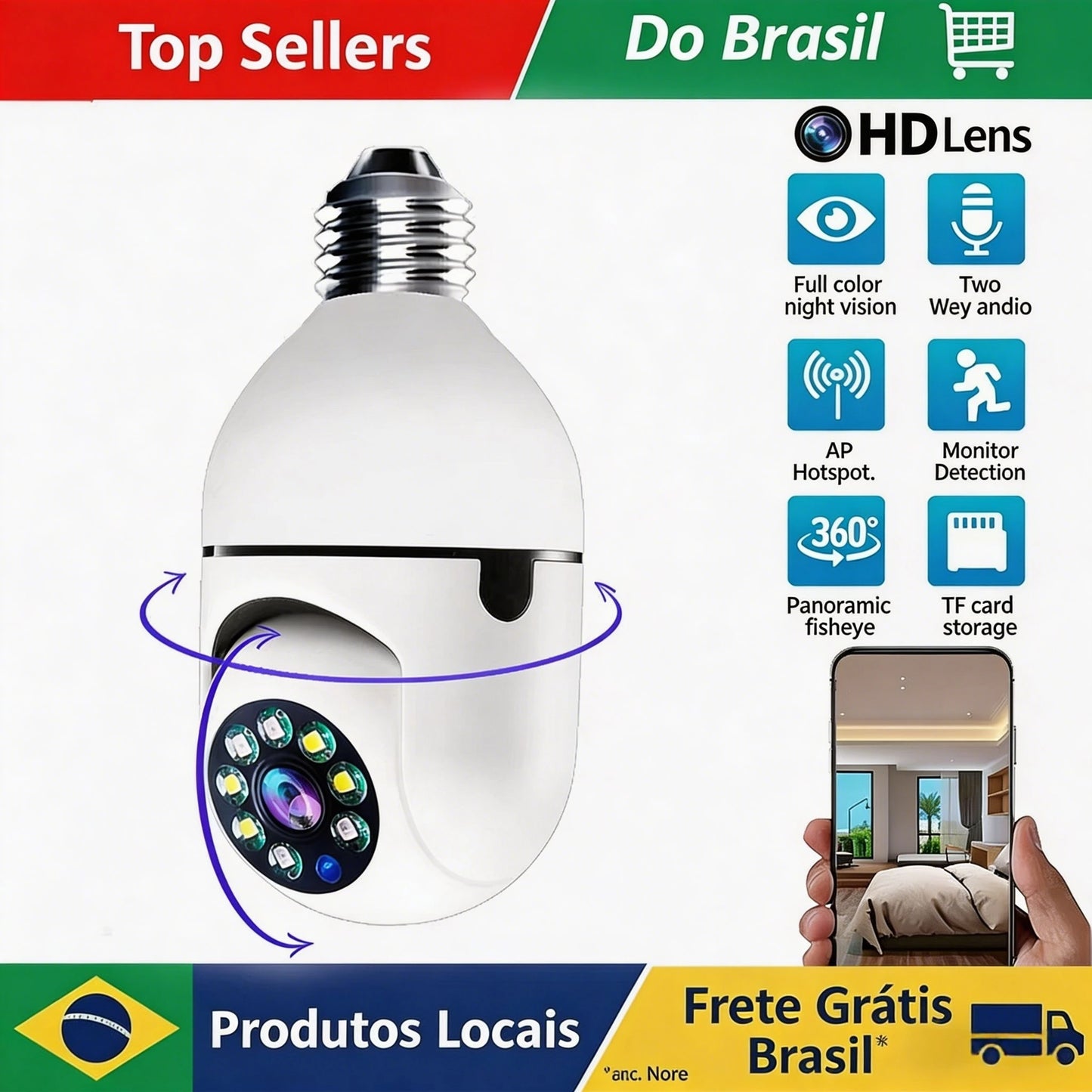 Câmeras de Segurança com Lâmpada, Câmera WiFi Sem Fio para Exterior 5GHz, 360 Graus, Soquete E27