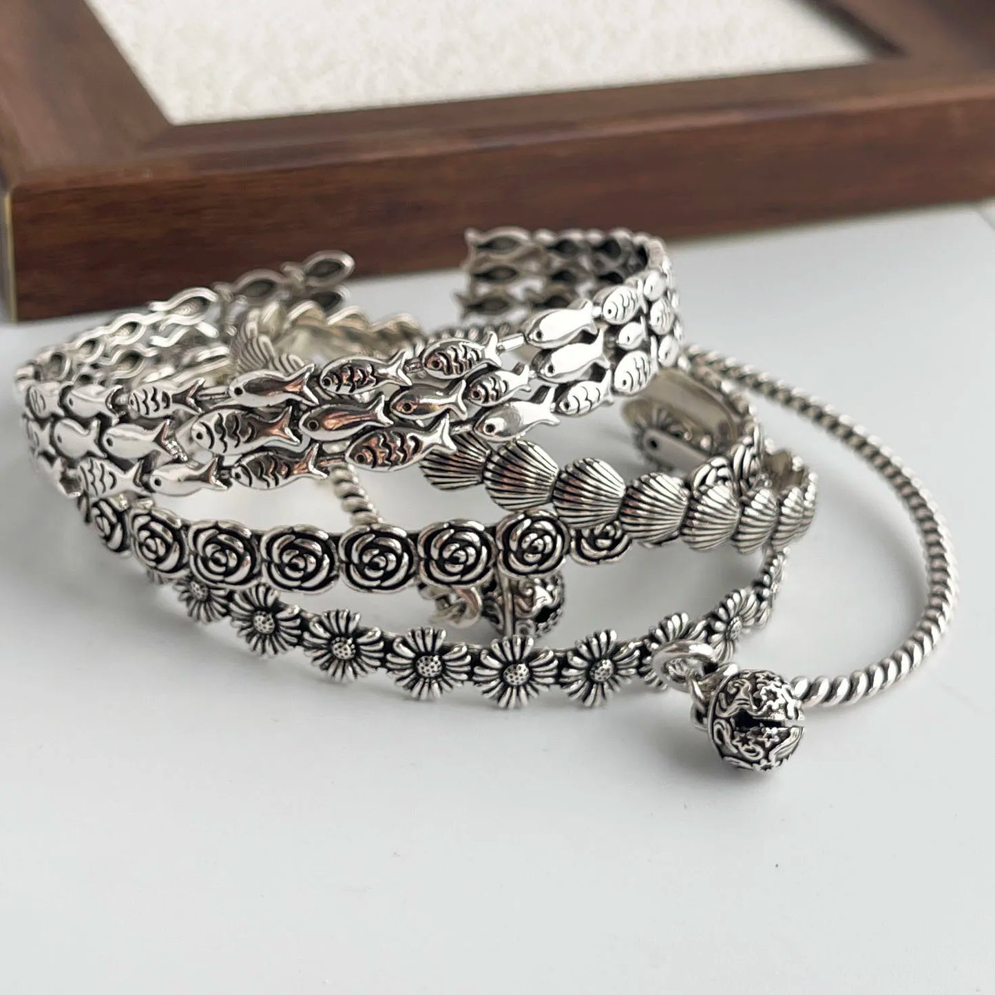 100% sólido 925 prata esterlina retro pulseira para mulheres homens vintage artesanal flor patern pulseira presente de aniversário